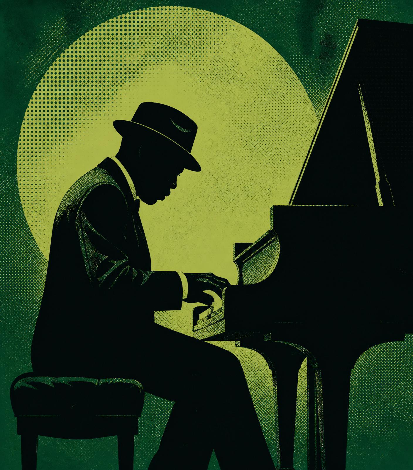 Jazz-Poster: Silhouette eines Klavierspielers vor grünem Mond